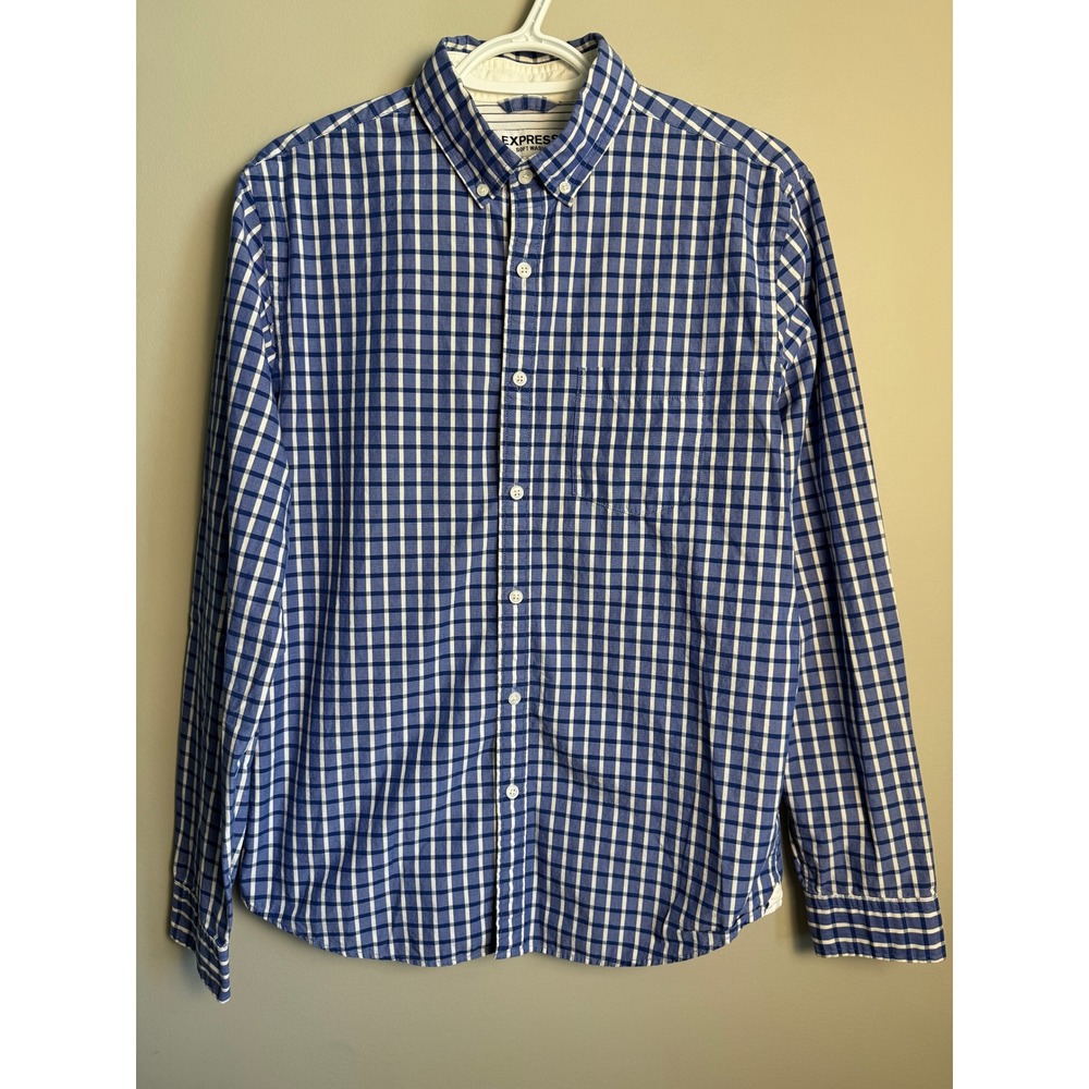 Express Soft Wash Button Down Shirt Medium Blue White Check Plaid Preppy Office